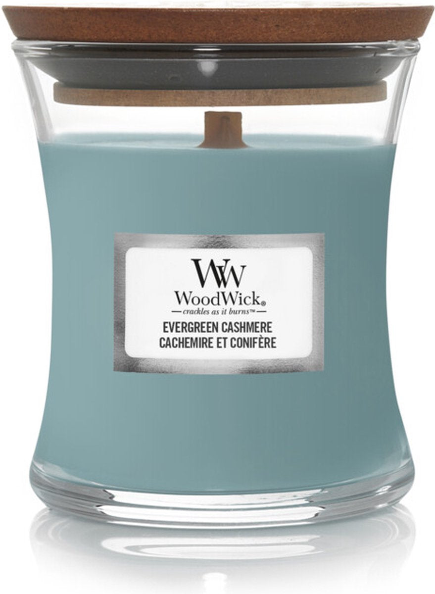 Mini bougie bougie parfumée Woodwick - cachemire à feuilles persistantes - 20 heures de combustion - 85gr - 8 cm ø 7 cm