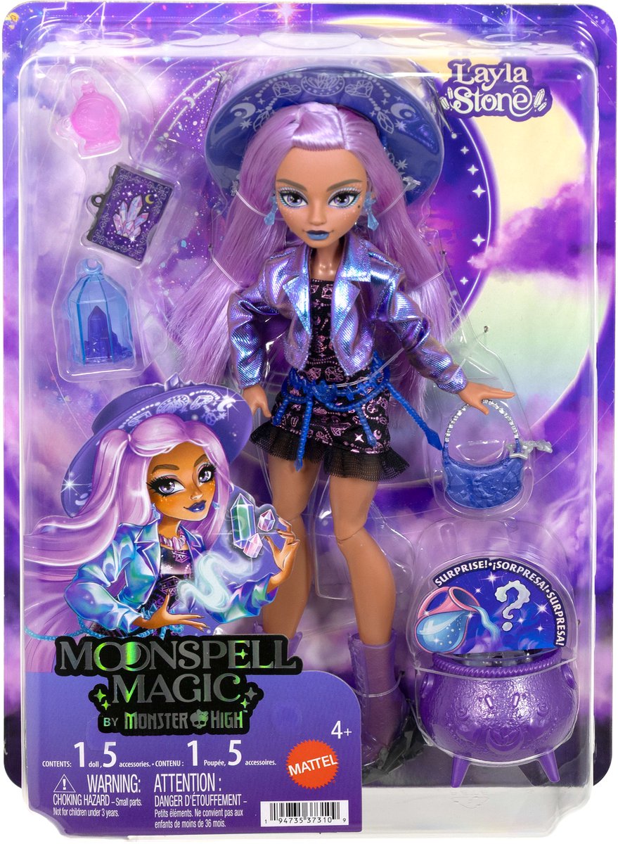 Mattel moonspell magie de monster high - poupée de mode layla stone - sorcière en cristal avec accessoires