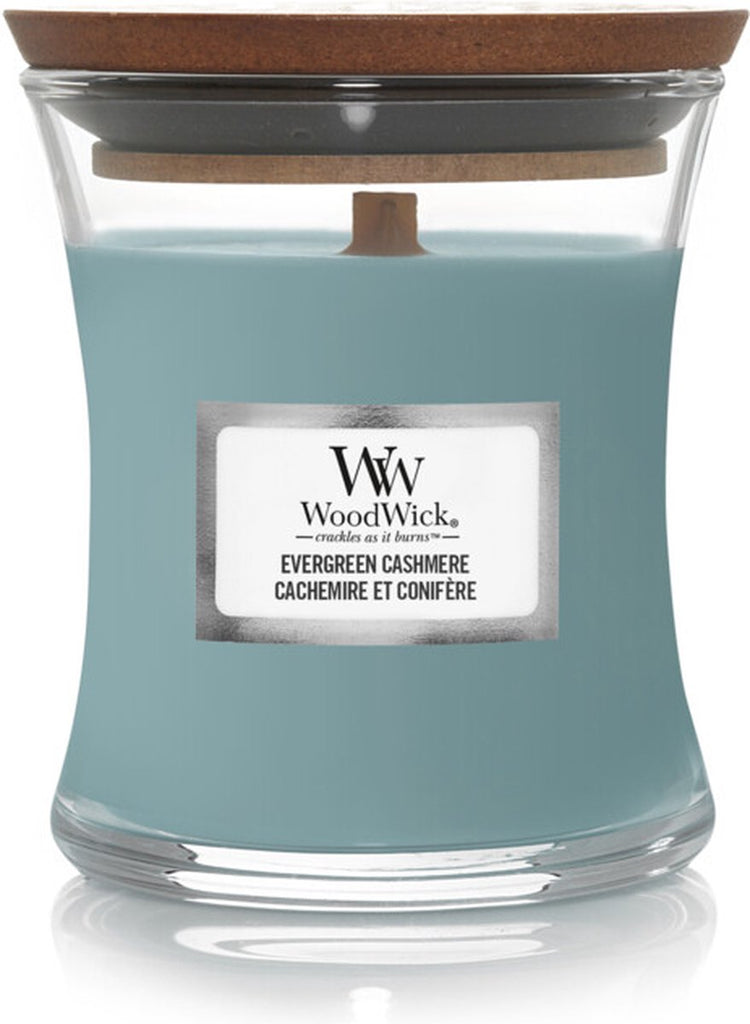 Mini bougie bougie parfumée Woodwick - cachemire à feuilles persistantes - 20 heures de combustion - 85gr - 8 cm ø 7 cm