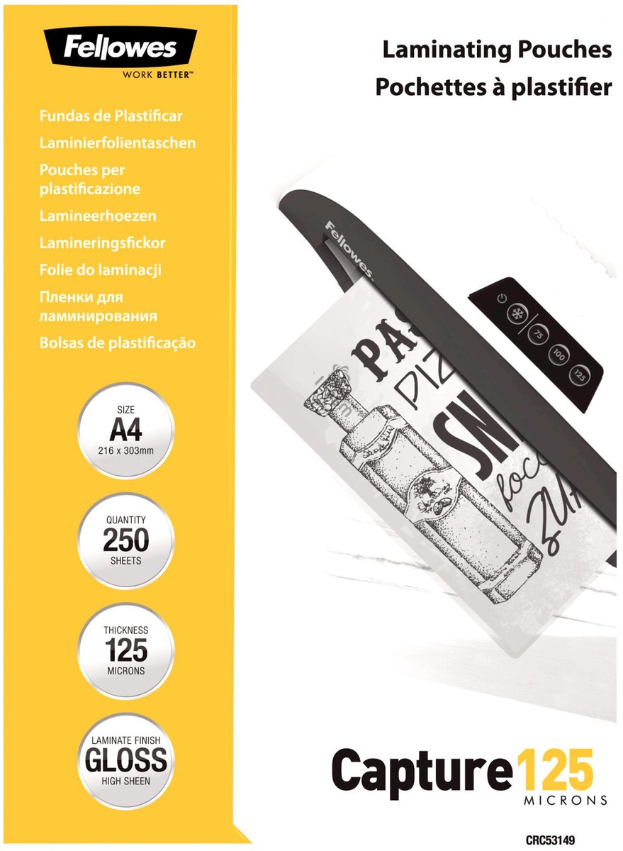 Pochettes de plastification Fellowes a4 - 125 microns - brillantes - 250 pièces - pack économique