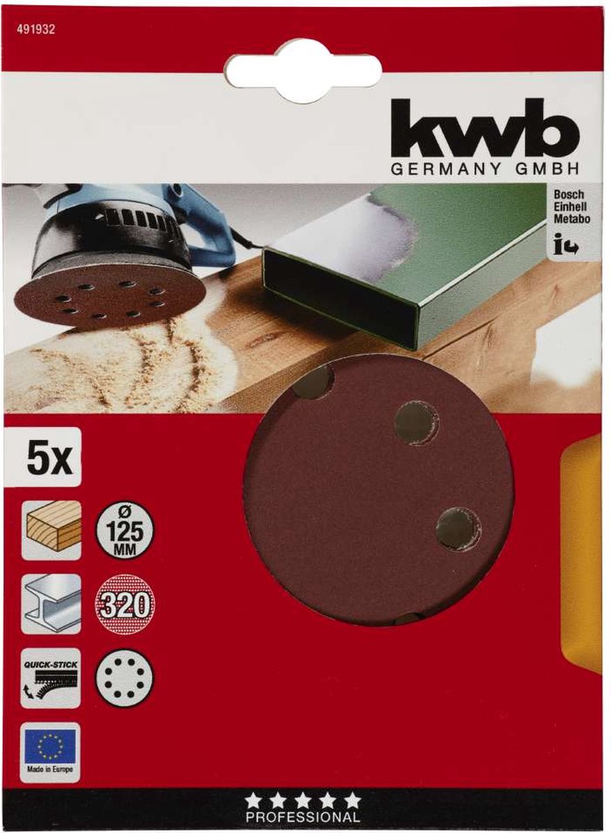 Disque abrasif Kwb ø 125 mm - grain 320 - Fixation Velcro - 491932 - 5 pièces