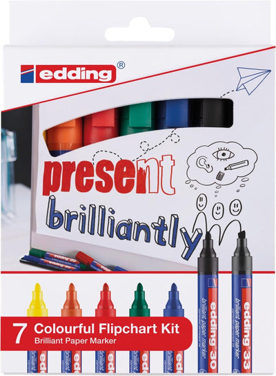 Kit de tableau à feuilles colorées Edding 30 33 - ensemble de marqueurs de papier brillants - assortiment de 7 pièces : noir, rouge, bleu, vert, jaune, orange (e-30 6x e-33 1x) - 1,5-3 1-5 mm