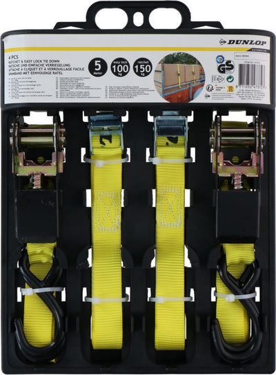 Sangle de tension Dunlop avec cliquet - 4 pièces - 5 m - jusqu'à 150 kg - jaune