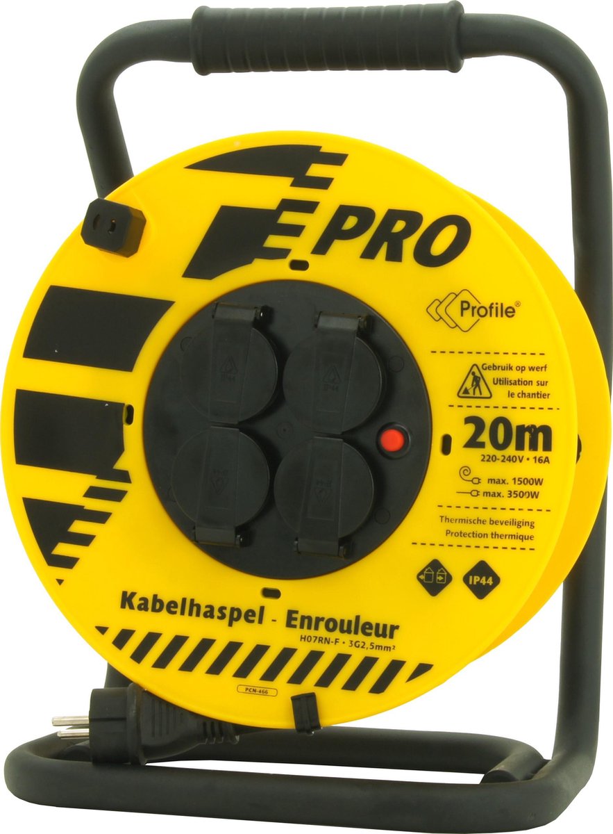 Enrouleur de câble profilé jardin - ip44 - 20 mètres - 3x2,5mm² néoprène - broche terre