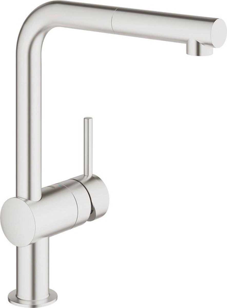 Robinet de cuisine Grohe Minta - bec en L - plage de pivotement à 360° - avec douchette extractible - super acier (aspect inox)