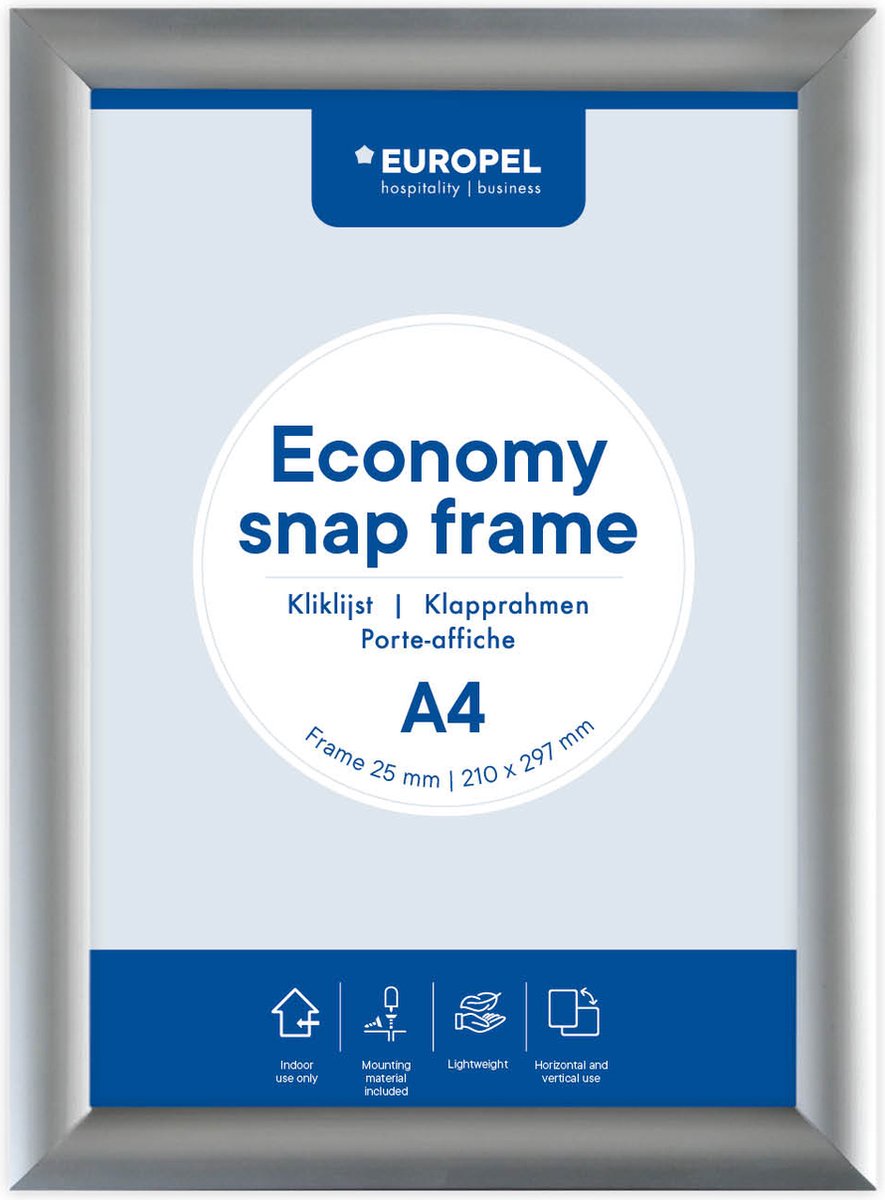 Cadre à clic économique européen – cadre pour affiches – a4 – 21 x 29,7 cm – 25 mm – aluminium – argent