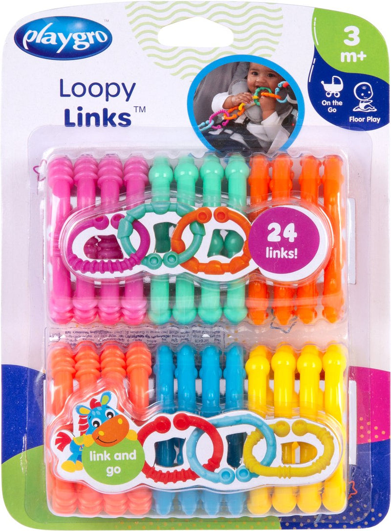 Anneaux à maillons colorés Playgro - boucles loopy - accessoires pour poussette - 24 pièces - différents profils de morsure - jouets pour bébé - jouets de dentition pour bébé - anneaux de dentition - anneaux de jouets