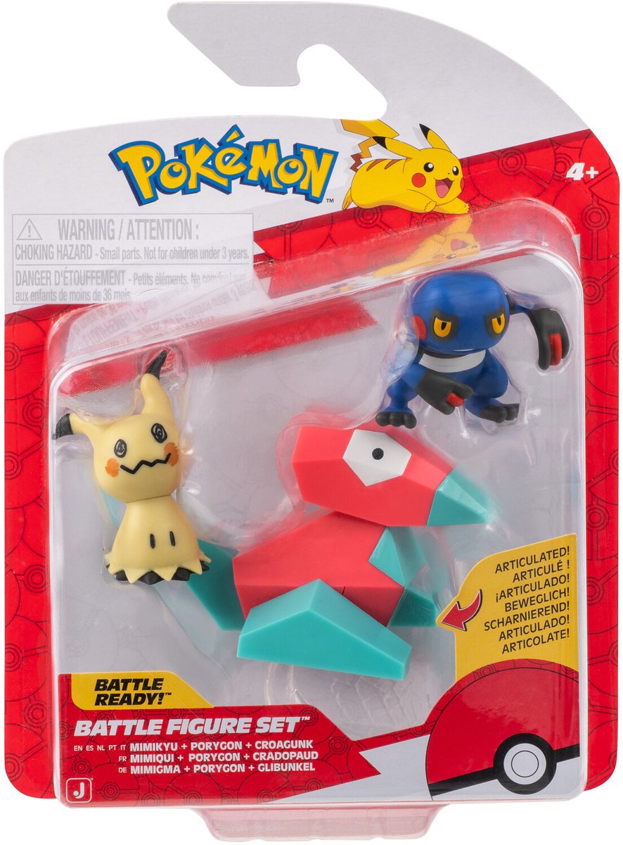 Pokémon Jazwares - pack de 3 figurines de combat croagunk, mimikyu, porygon