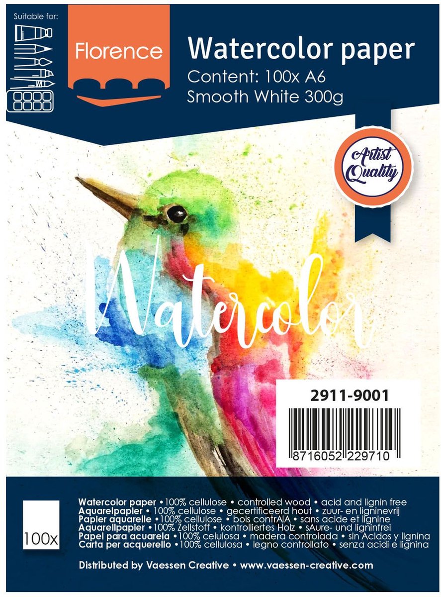 Papier aquarelle Florence Vaessen - blanc intense - a6 - 300 grammes - structure lisse - lisse - florence - 100 feuilles