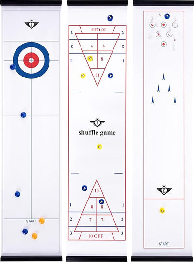 Engelhart Boîte de jeu 3 en 1 – Curling, Shuffle Bowling – Jeu de table multifonction – 120 x 28 cm – Ensemble de jeu 3 en 1 – Jeu de société, jeu d'adresse – Boîte de jeu d'intérieur –