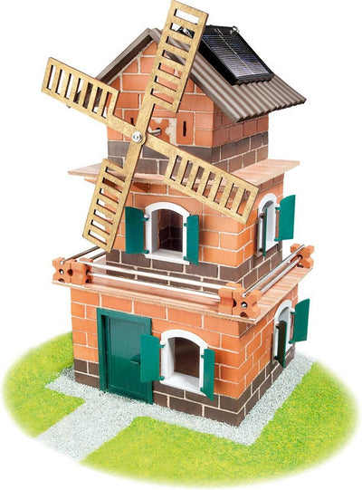 Kit de construction Teifoc ® – Moulin à vent et moulin à eau solaires – 380 pièces – Véritables mini briques avec ciment, bol et truelle – Kit de construction pour enfants à partir de 8 ans