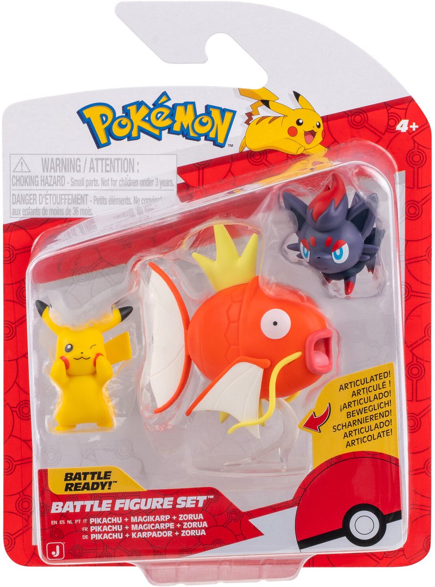 Pokémon Jazwares - pack de 3 figurines de combat pikachu, zorua, magikarpe avec support