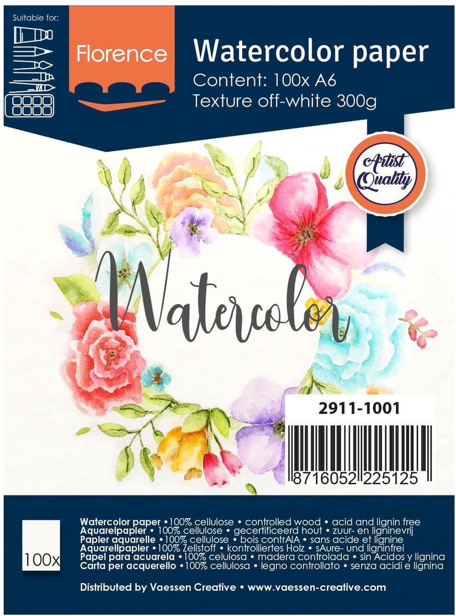 Papier aquarelle Florence Vaessen - blanc cassé a6 300 grammes - structure légère - 100 feuilles