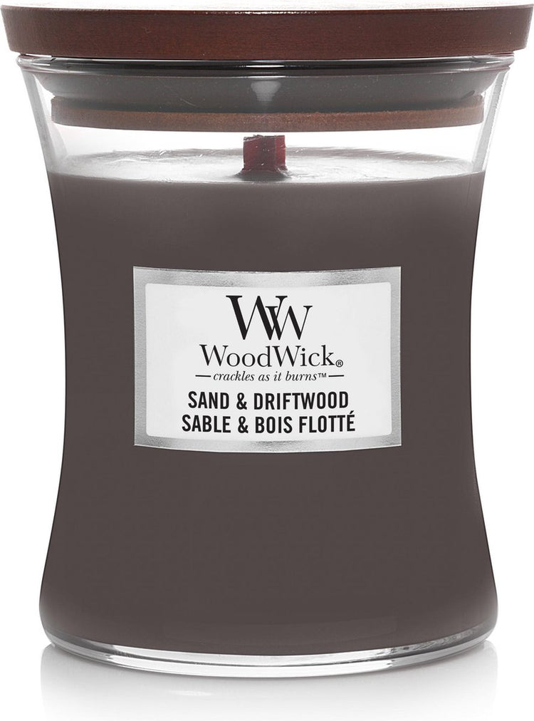 Bougie parfumée moyenne Woodwick Hourglass - Bois flotté sable - 60 heures de combustion