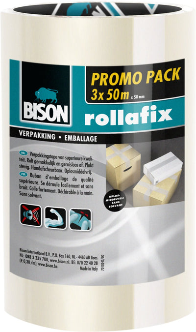 Bison 3 rouleaux de ruban d'emballage rollafix transparent pack économique 50 mètres x 5 cm, déchirable à la main, ruban d'emballage solide