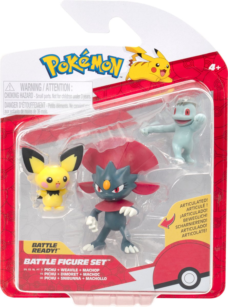 Jazwares Pokémon - Pack de 3 figurines de combat : Pichu, Machop, Weavile