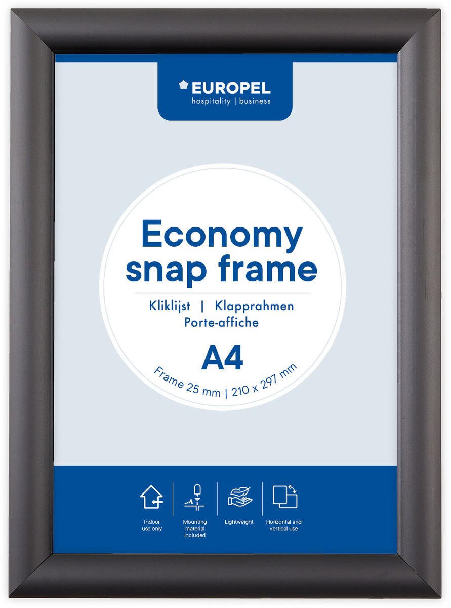 Cadre à clic économique européen – cadre pour affiches – a4 – 21 x 29,7 cm – 25 mm – aluminium – noir