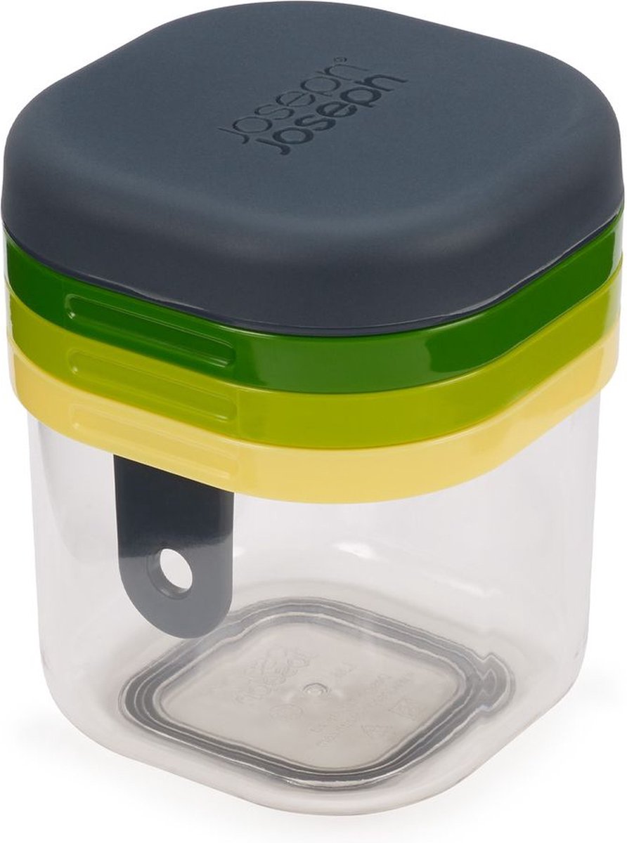 Mini mandoline Joseph Joseph multi-prep avec plateau de collecte.