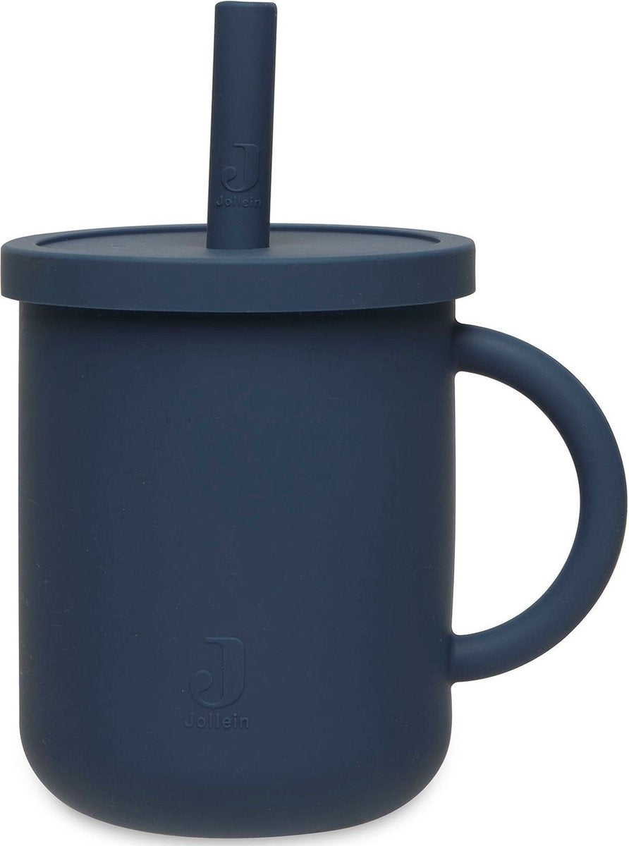 Jollein - gobelet avec paille (bleu jean) - silicone - gobelet bébé, couverts bébé - 6-18 mois