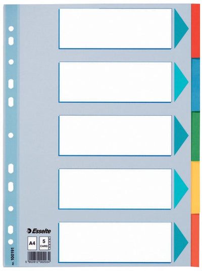 Onglets Esselte | pour pi a4 | en carton | 5 onglets | couleurs assorties