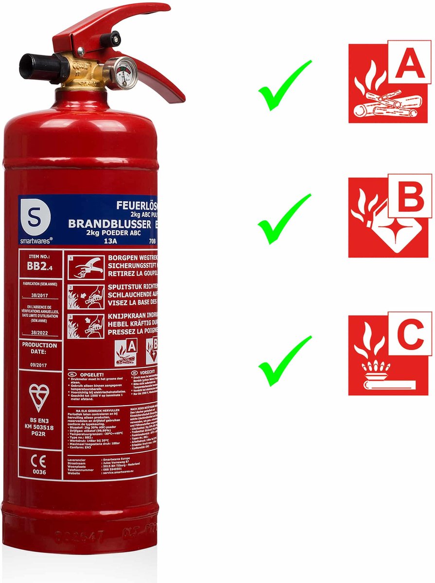 Smartwares 10.014.68 - poudre d'extincteur 2kg - avec support de montage - classe de feu ABC - certifié BSI