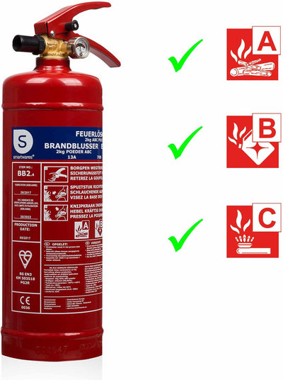 Smartwares 10.014.68 - poudre d'extincteur 2kg - avec support de montage - classe de feu ABC - certifié BSI
