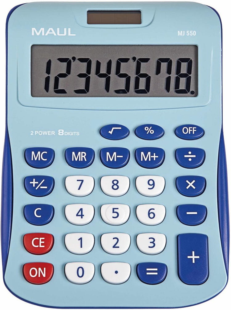 Calculatrice de bureau Maul MJ 550 à piles, à énergie solaire, bleu clair, nombre de positions d'affichage : 8