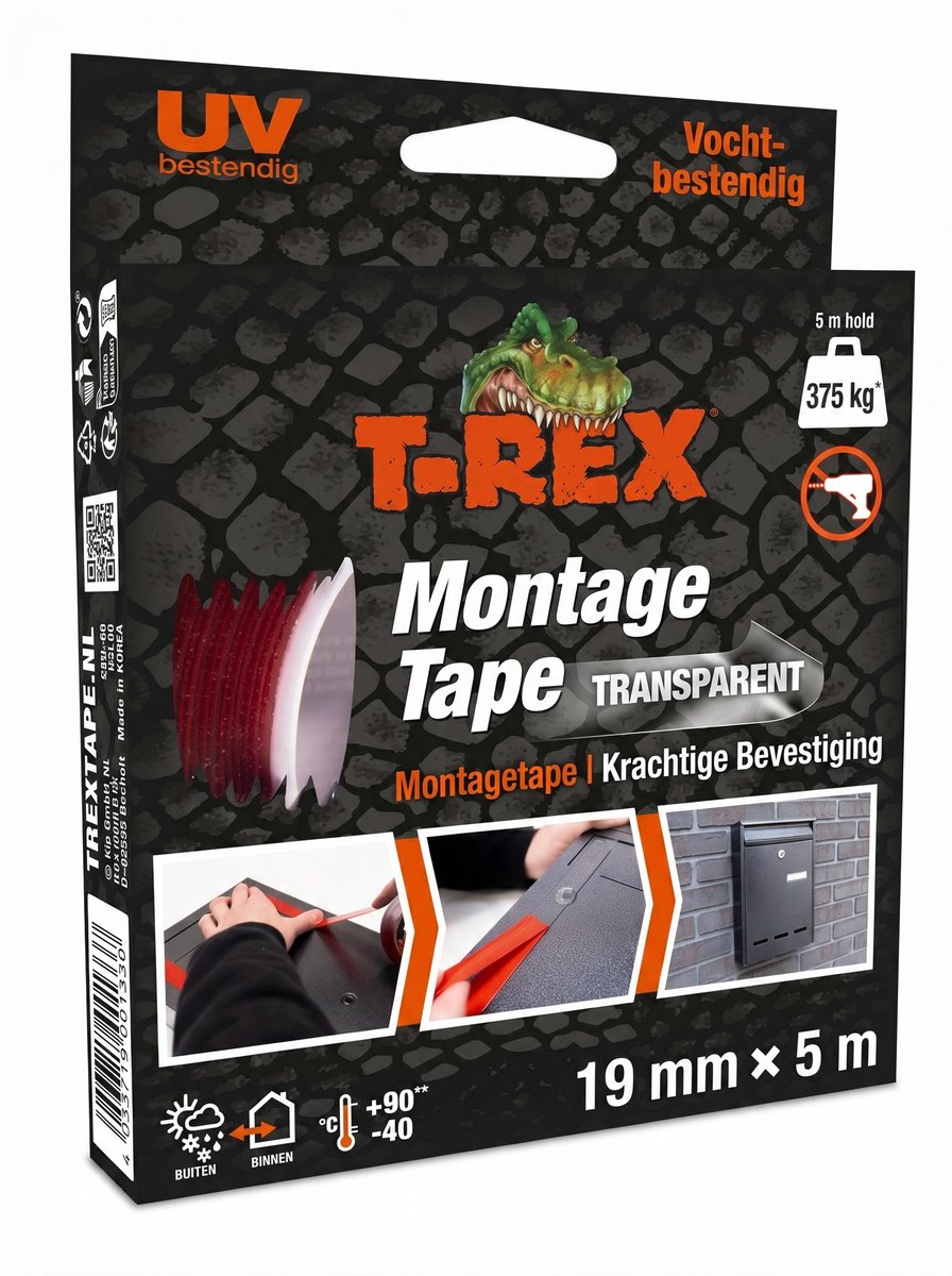 Ruban de montage T-rex - ruban adhésif double face extra résistant pour montage intérieur et extérieur - fixation permanente sans perçage ni vissage - capacité de charge jusqu'à 375 kg - 19 mm x 5 m