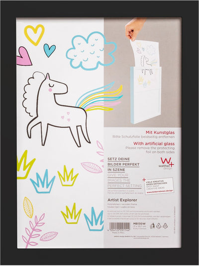 Walther Artist Explorer - cadre en bois - pour 30 croquis d'enfants - format photo 21x30 cm - verre d'art - noir