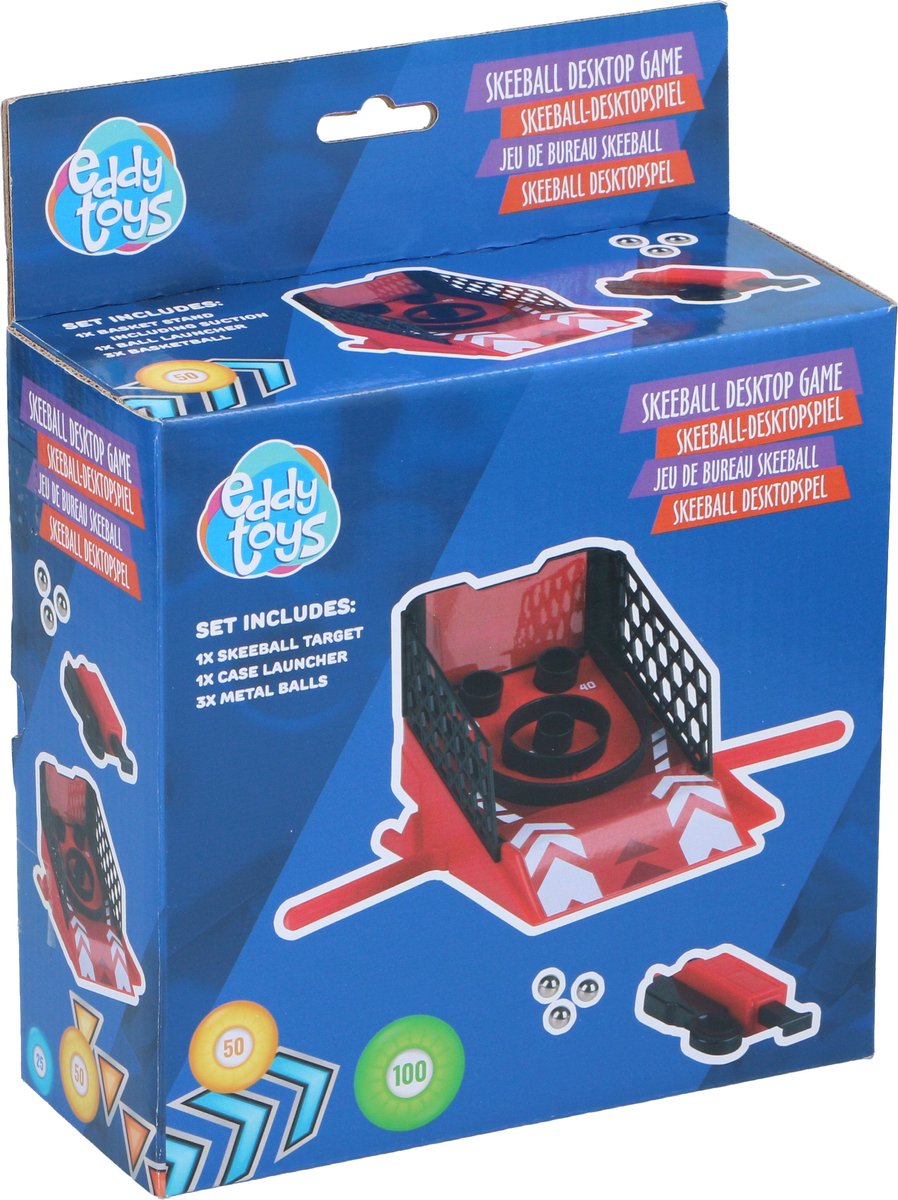 Jeu de skeeball de bureau Eddy Toys - jeu de bureau de skeeball avec lanceur - comprenant 3 boules métalliques - modèle de table avec zones de score et rails latéraux