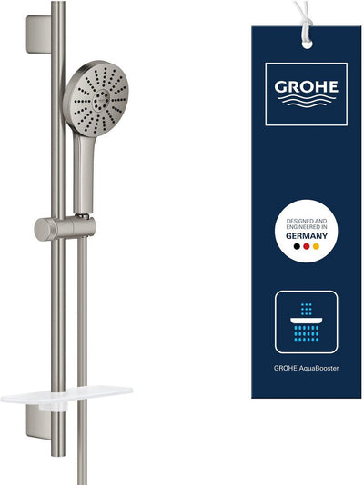 Grohe vitalio joy+ 120 set de douche avec barre de douche - avec pomme de douche, flexible de douche, porte-savon - 3 types de jets - aqua booster - économie d'eau (7l min) - super acier