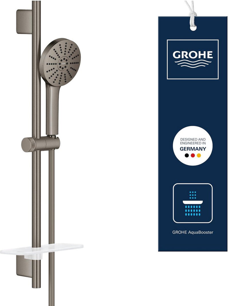 Grohe vitalio joy+ 120 set de douche avec barre de douche - avec pomme de douche, flexible de douche porte-savon - 3 types de jets - aqua booster - économie d'eau (7l min) - graphite dur brossé