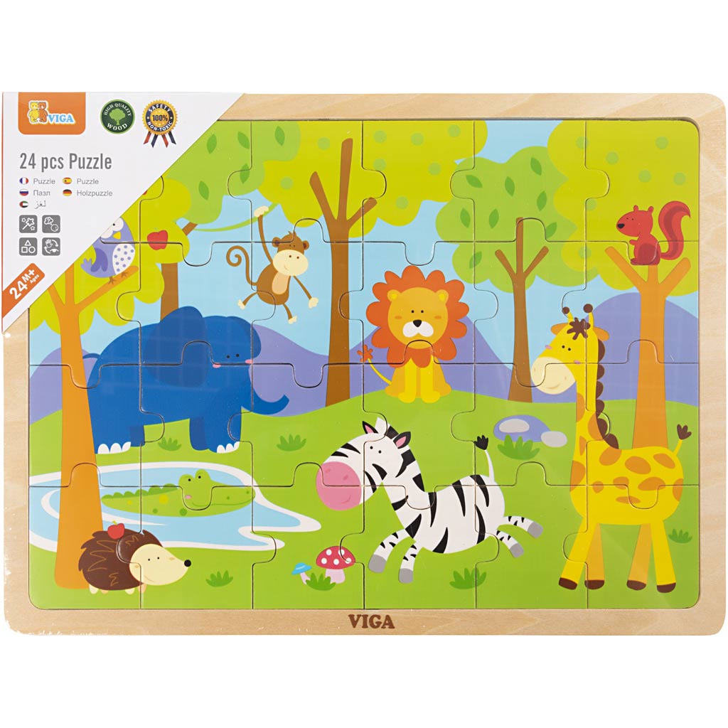 Viga puzzles en bois, animaux de safari, dim. 30x22,5 cm, 24 pièces, 1 pièce