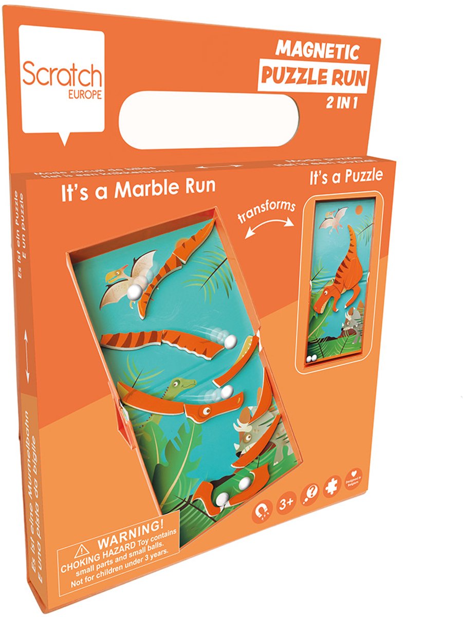 Circuit de puzzle magnétique à gratter - dinosaure - 2 en 1 - puzzle et piste de billes avec 5 billes - 3 ans