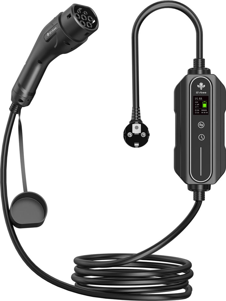 Chargeur Evbee flex - schuko vers (ev) type 2 - écran d'information - indication du temps de charge