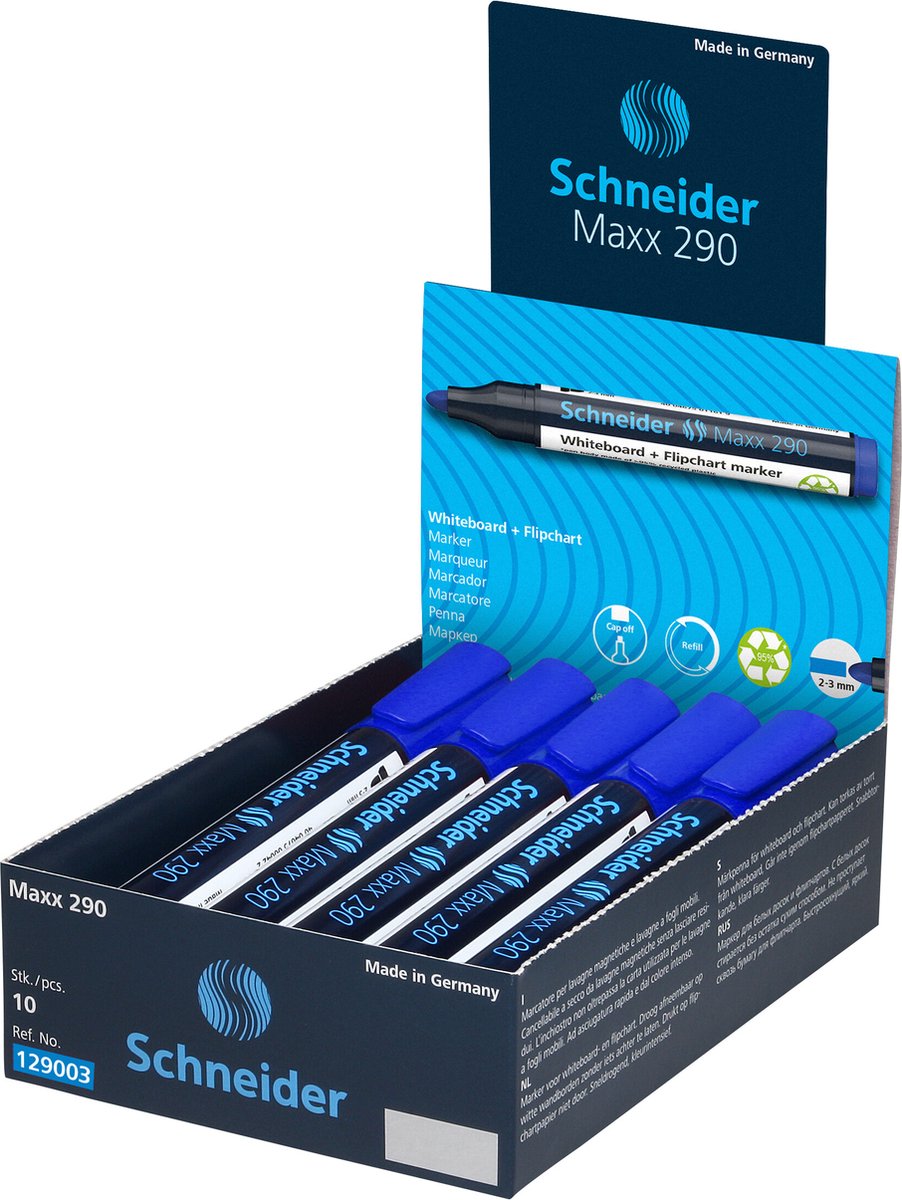 Schneider writing instruments marqueur pour tableau blanc schneider - maxx 290 - pointe ronde - bleu - 10 pièces - pour tableau blanc et paperboard - s-129003-10