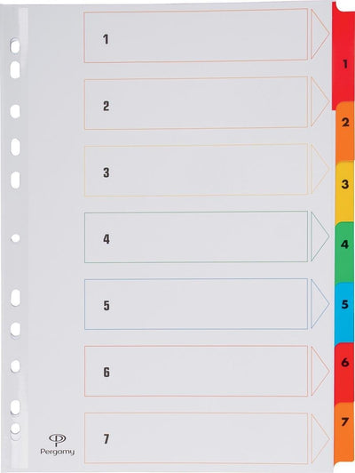 Onglets Pergamy avec feuille d'index, pi a4, perforation 11 trous, couleurs assorties, jeu 1-7