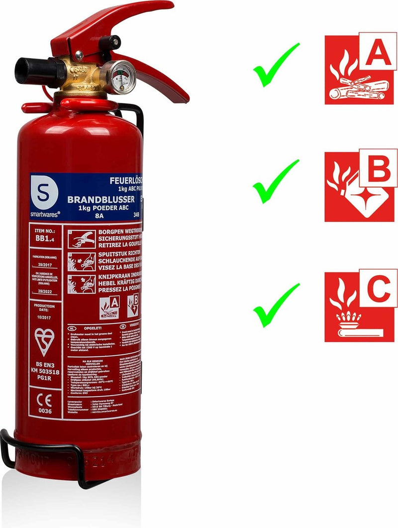 Smartwares 10.018.56 - poudre d'extincteur 1kg - avec support de montage - classe de feu ABC - certifié BSI