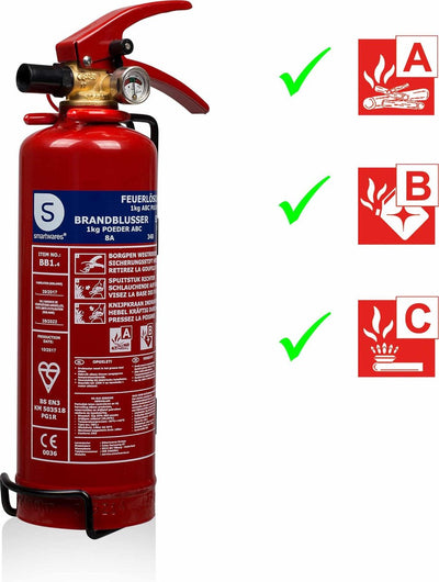 Smartwares 10.018.56 - poudre d'extincteur 1kg - avec support de montage - classe de feu ABC - certifié BSI