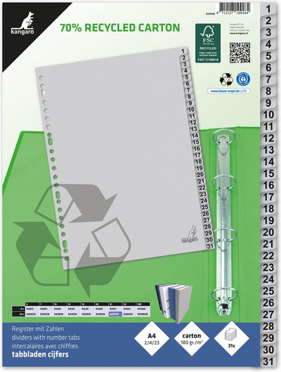 Onglets Kangaro - a4 - numéros 31 pièces - carton écologique 180 grammes - 23 trous - k431cm