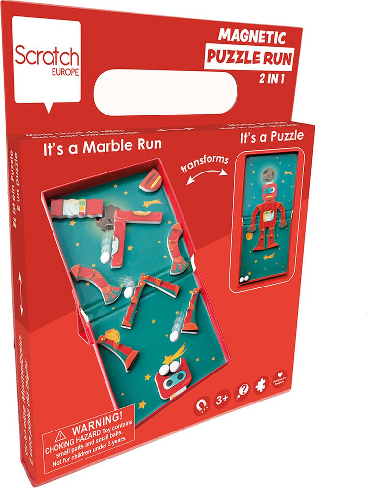 Circuit de puzzle magnétique à gratter - robot - 2 en 1 - puzzle et piste de billes avec 5 billes - 3 ans