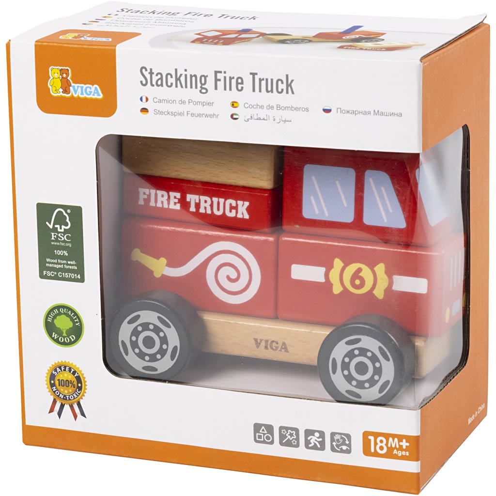 Viga jouets empilables en bois pour camions de pompiers, camion de pompiers, dimensions 13x10x8 cm, 1 pièce