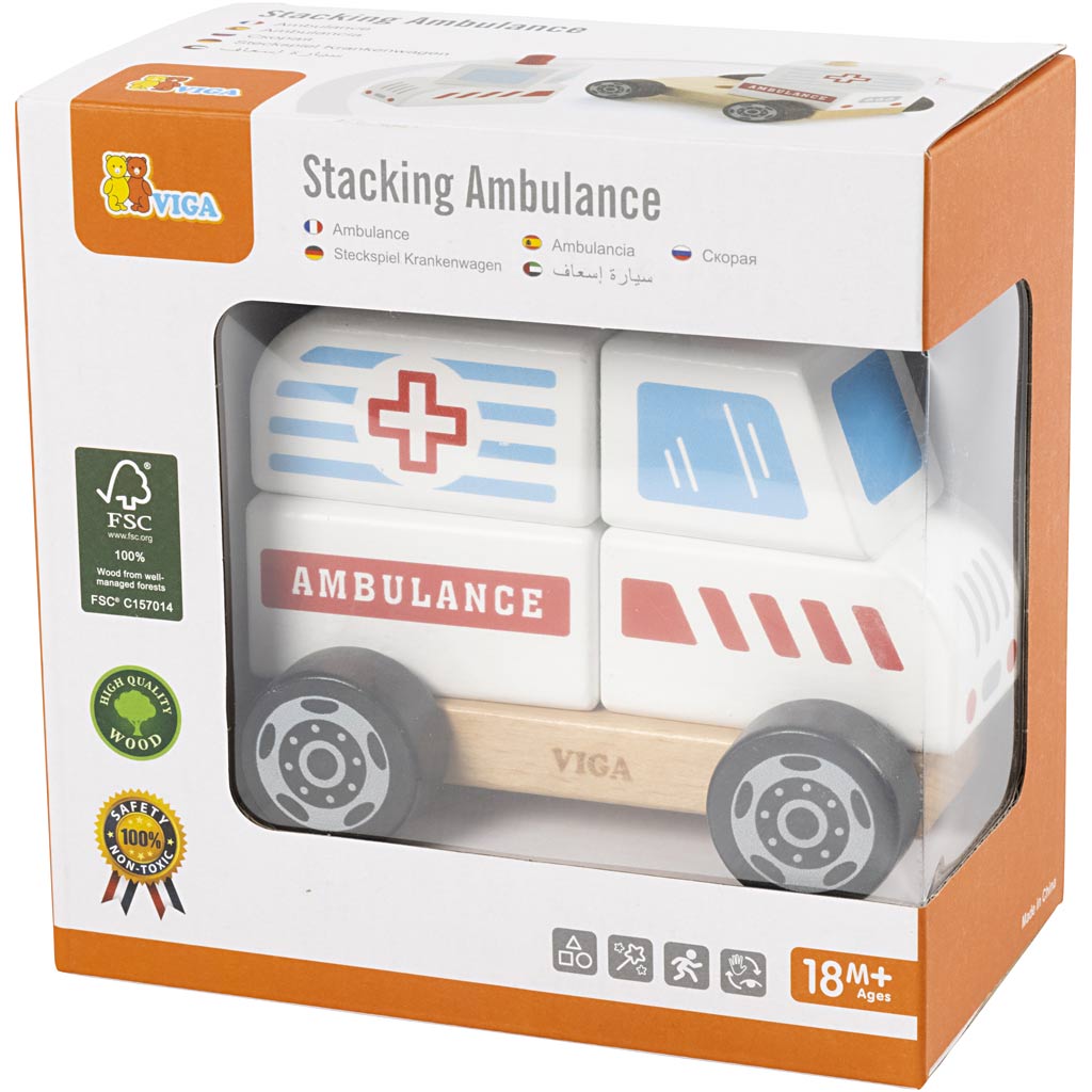 Viga jouet ambulance empilable en bois, ambulance, dimensions 13x10x8 cm, 1 pièce