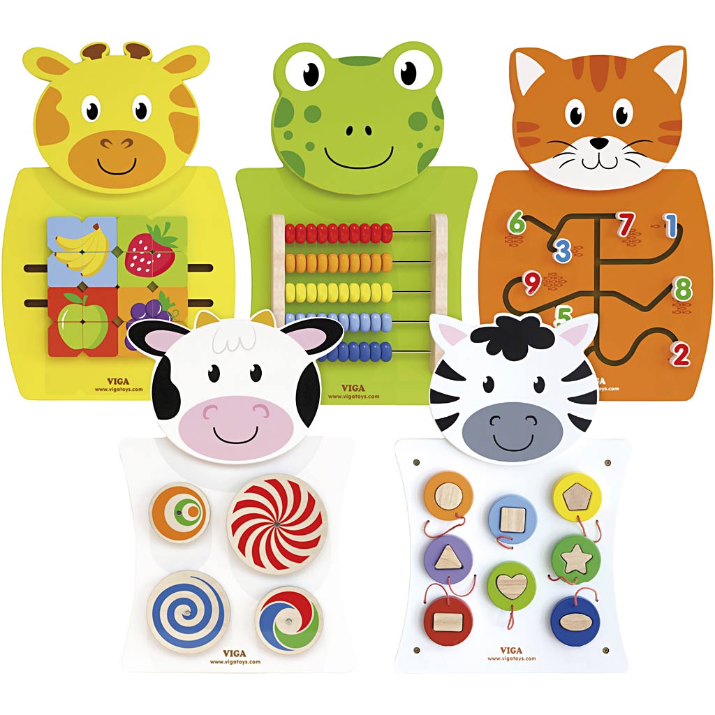 Planche d'activités Viga, vache, chats, grenouille, zèbre et girafe, dimensions 36x55x3,5 cm, 5 parties 1 boîte