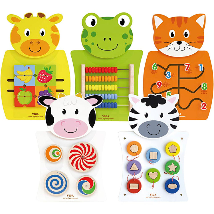 Planche d'activités Viga, vache, chats, grenouille, zèbre et girafe, dimensions 36x55x3,5 cm, 5 parties 1 boîte