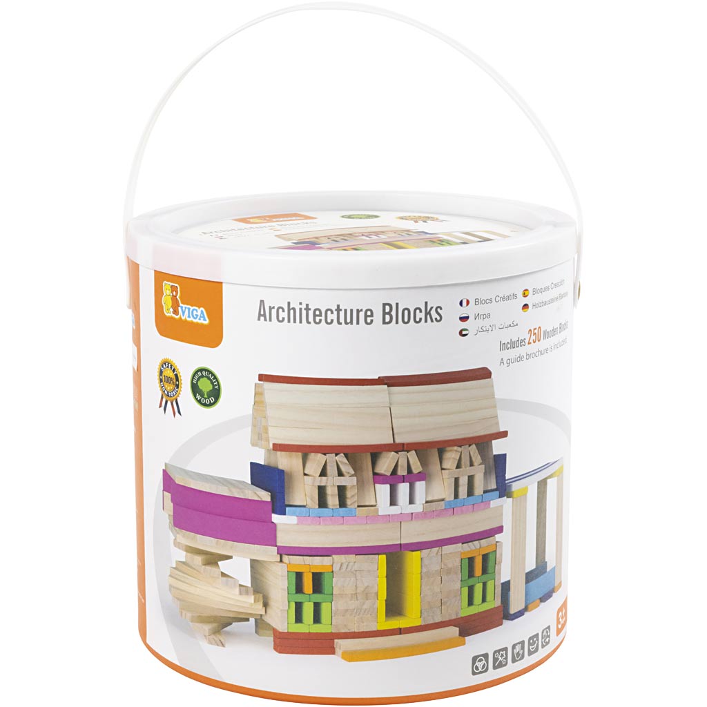 Blocs de construction en bois Viga, taille 10 cm, différentes couleurs, 250 pièces 1 boîte