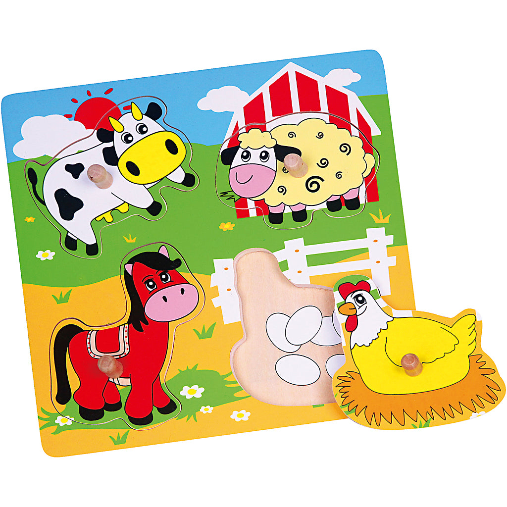 Viga puzzles boutons en bois, animaux de la ferme, dim. 22x22 cm, 4 parties, 1 pièce