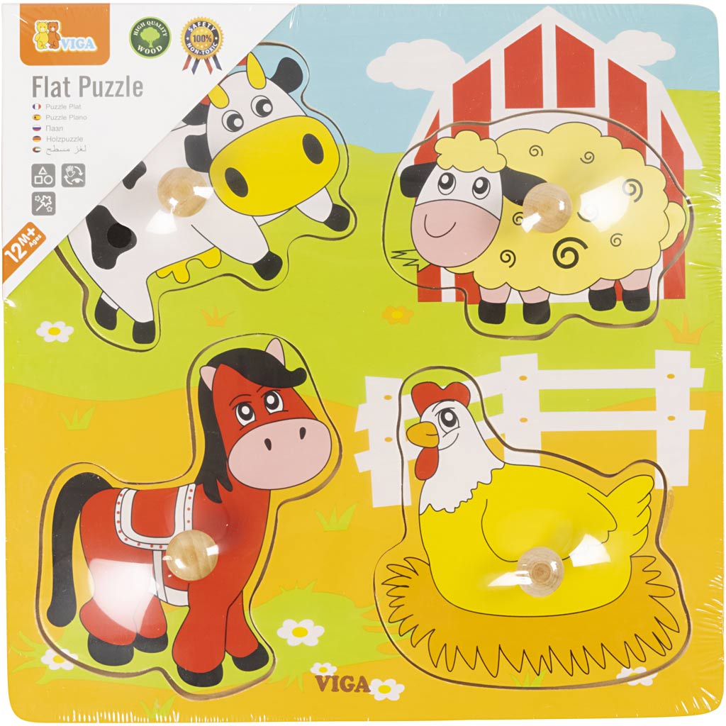 Viga puzzles boutons en bois, animaux de la ferme, dim. 22x22 cm, 4 parties, 1 pièce