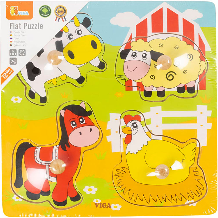 Viga puzzles boutons en bois, animaux de la ferme, dim. 22x22 cm, 4 parties, 1 pièce