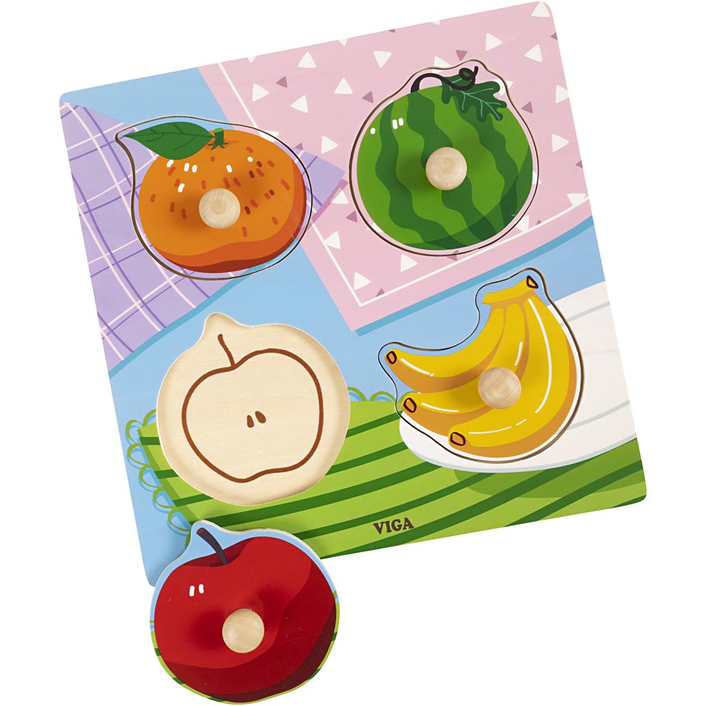 Viga puzzles boutons en bois, fruits, dim. 22x22 cm, 4 parties, 1 pièce